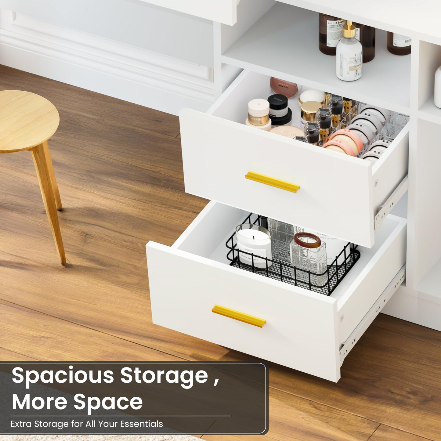 Pamapic 13 Storage Vanity Desk with Lighted Mirror, Makeup Vanity with Power Outlet, White Dresser with Mirror, Dressing Table with 4 Drawers, 8 Shelves and Cabinet, 3 Lighting Colors, Silent Slides