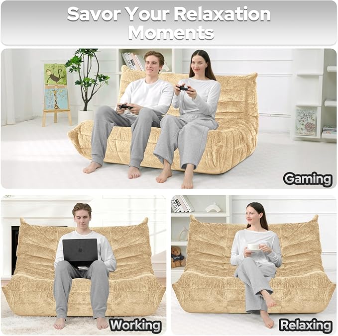 HABUTWAY Bean Bag Chair, Giant Bean Bag Chairs for Adults, Loveseat Fireside Chair, 2 Seater Lazy Bean Bag Sofa Memory Foam Couch for Living Room, Bedroom, Office (Khaki)