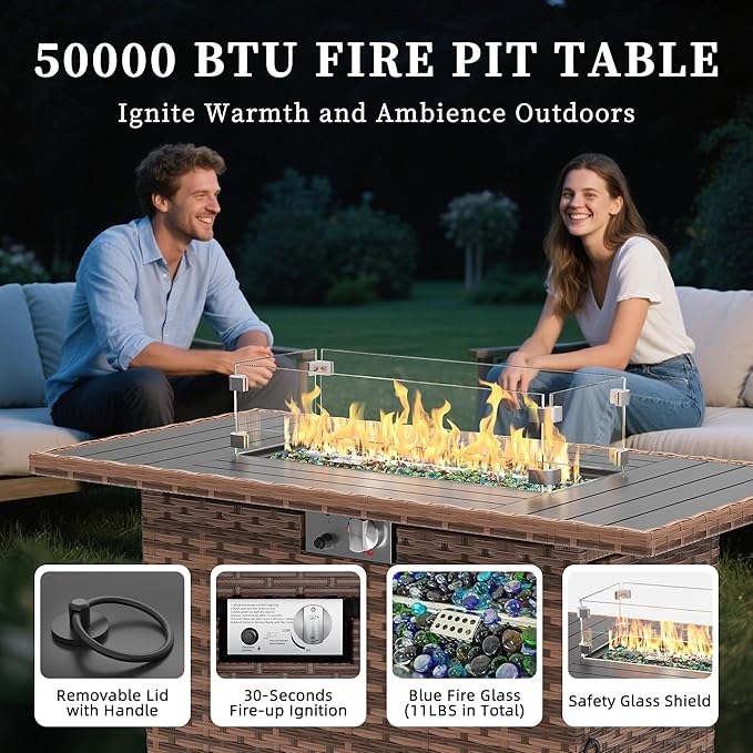 UDPATIO Patio Furniture Set with Fire Pit Table, Rocking Swivel Chairs, 6 Pieces Outdoor Conversation Sets, All-Weather Wicker Outdoor Sectional Sofa with Waterproof Cover, 4'' Thickened Cushion