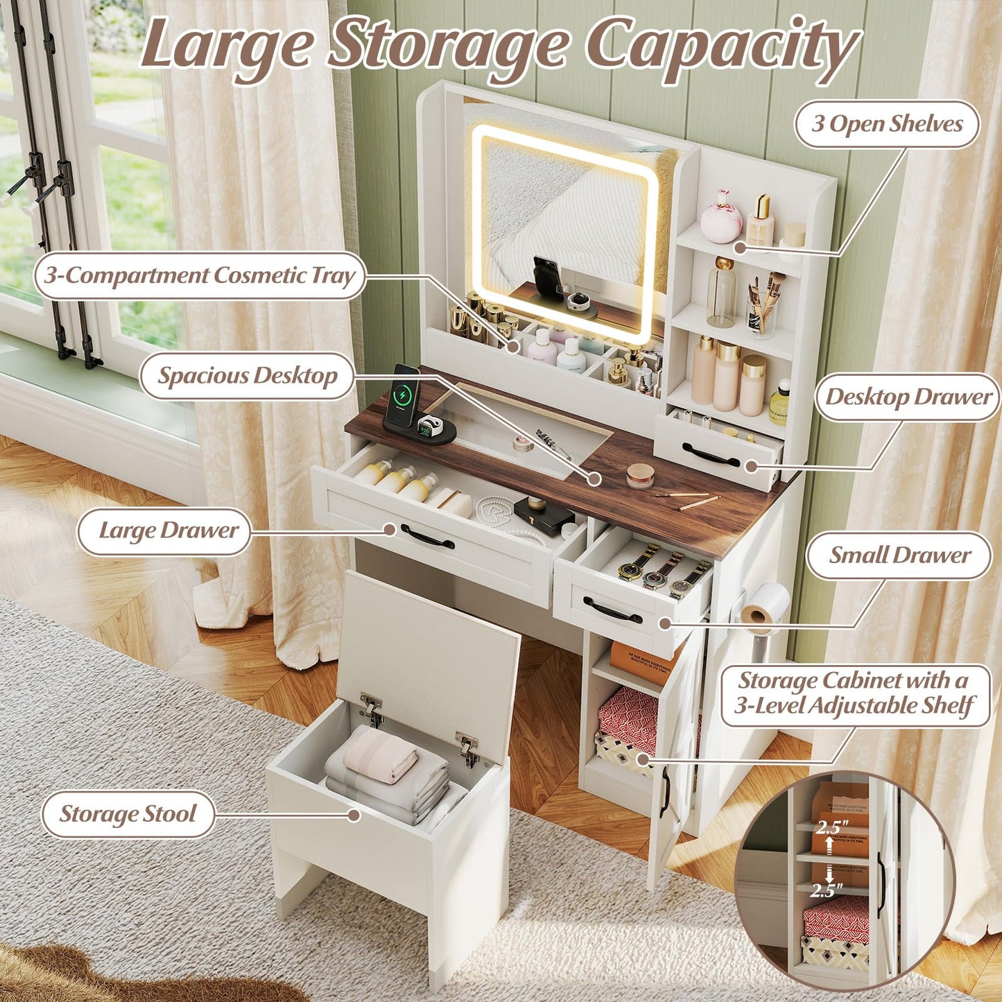 CHARMAID Glass Top Vanity Desk with Lighted Mirror, Storage Stool & Drawers, Charging Station, Farmhouse Makeup Vanity Table with Mirror and Lights for Bedroom