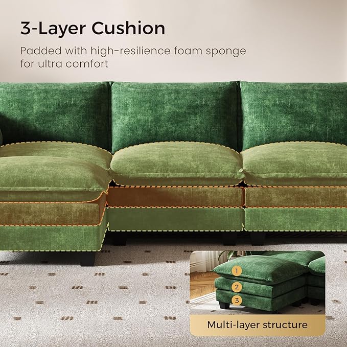 KKL 120" Modular Sectional Sofa, Large V Shape 7 Seater Convertible J/L/U-Shaped Modern Sectional Couch with Ottoman, Chenille Sectional Couches for Living Room, Apartment, Green