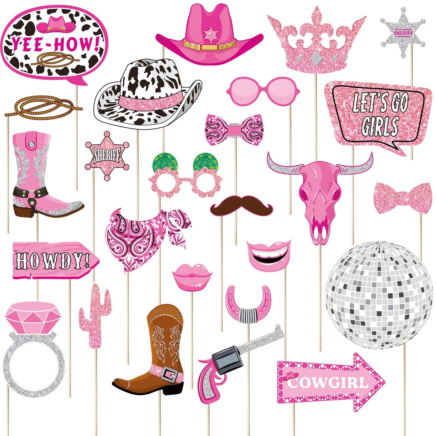 Blulu 26 Pieces Cowgirl Western Photo Booth Props Kit Party Decorations Selfie Props for Western Theme Party Favors Supplies