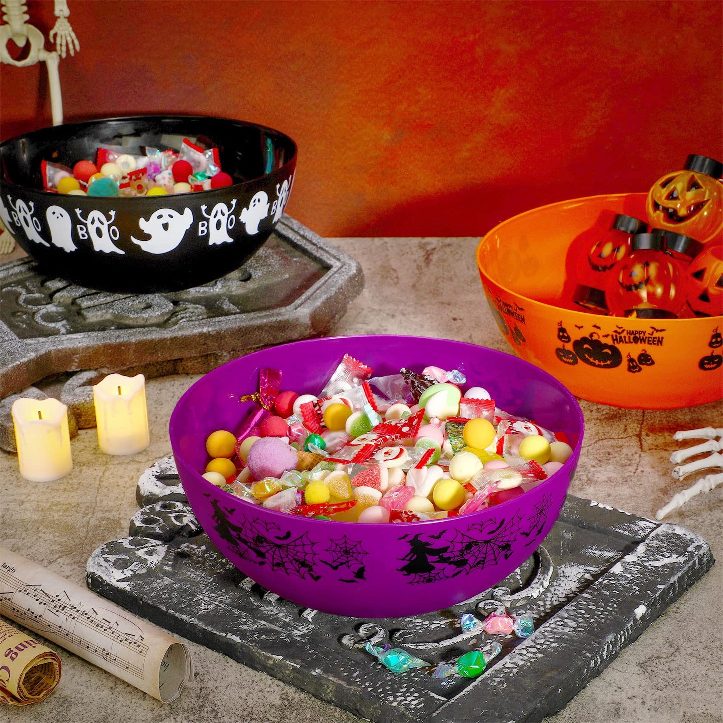 Funtery 6 Pcs Halloween Plastic Trick Treat Candy Bowls - Large Serving Bowls for Party Decor (Ghost, Pumpkin, Bat)