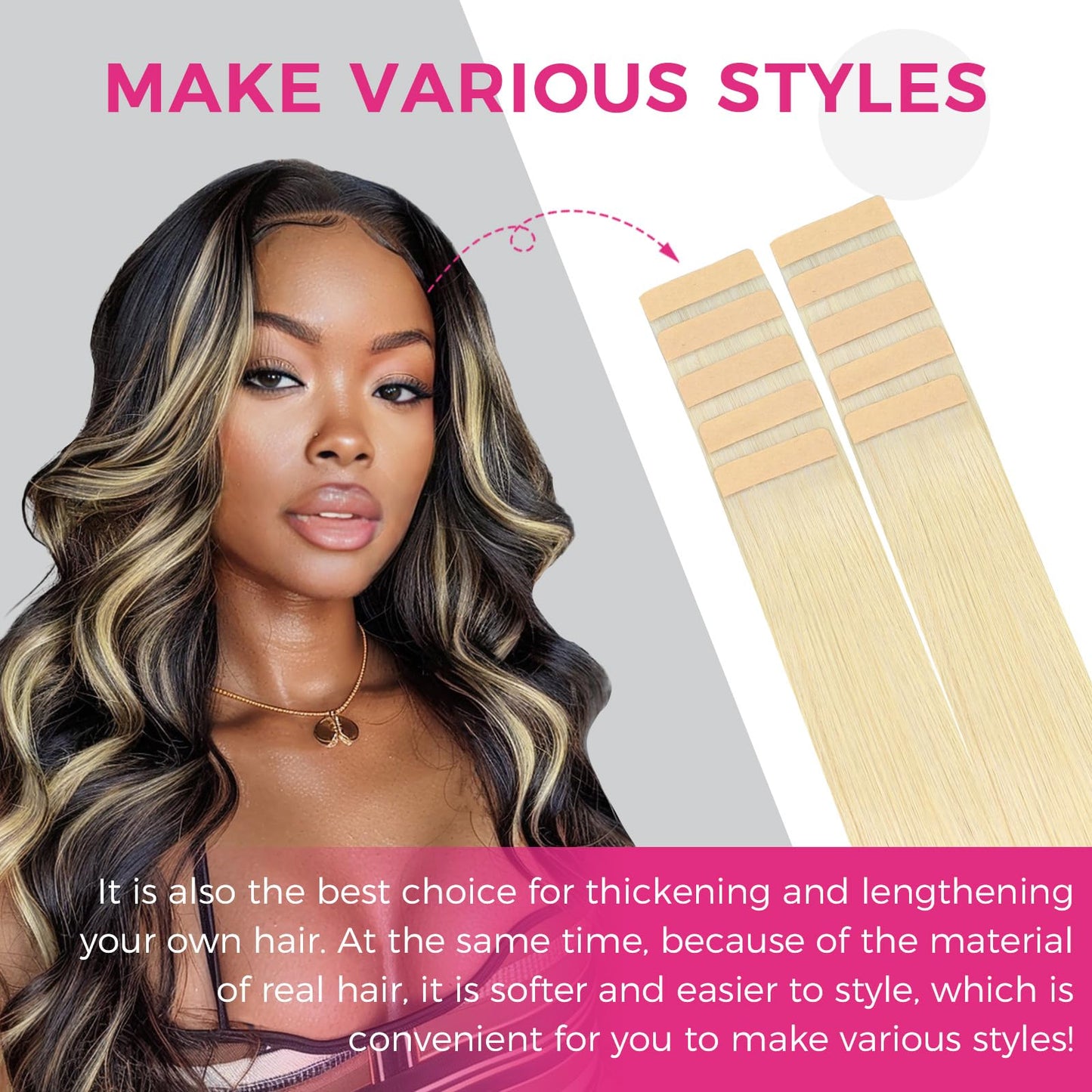 Lashey Human Hair Extensions 25g 10pcs 18 Inch #613 Blonde Tape in Extensions with Highlighted Effect Straight Invisible Hair Ex