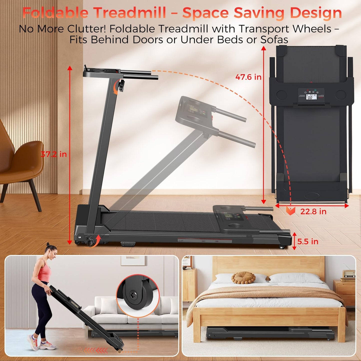 AXONFIT Treadmills for Home, Walking Pad with Handle Bar - 3.0 HP Portable Foldable Treadmill, 350 LBS Weight Capacity, LED Display, Compact Design - Ideal for Home Users, Office Professionals