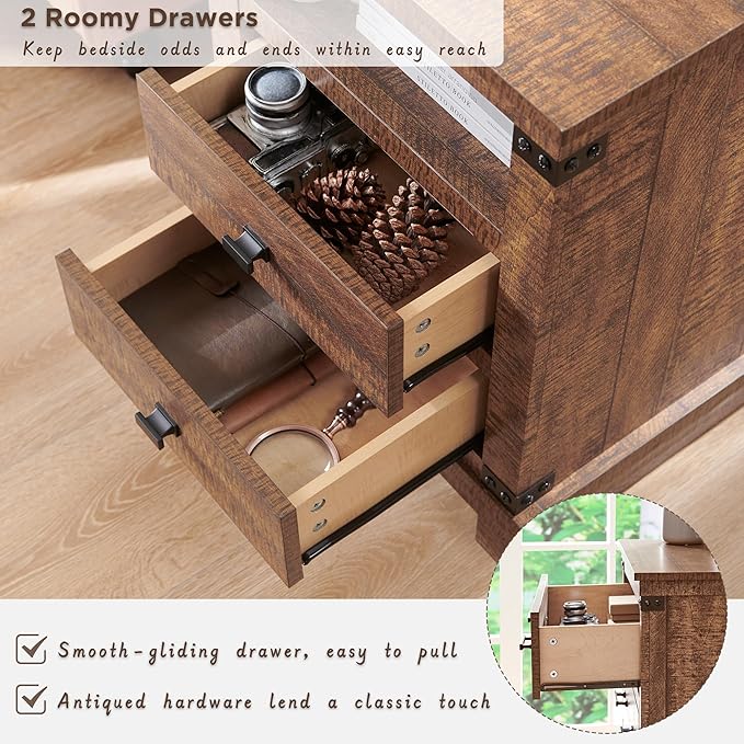 Farmhouse Nightstand Set of 2 with Charging Station, 18" Rustic Night Stand with 2 Storage Drawers, Wood End Table for Bedroom, Living Room, Reclaimed Barnwood