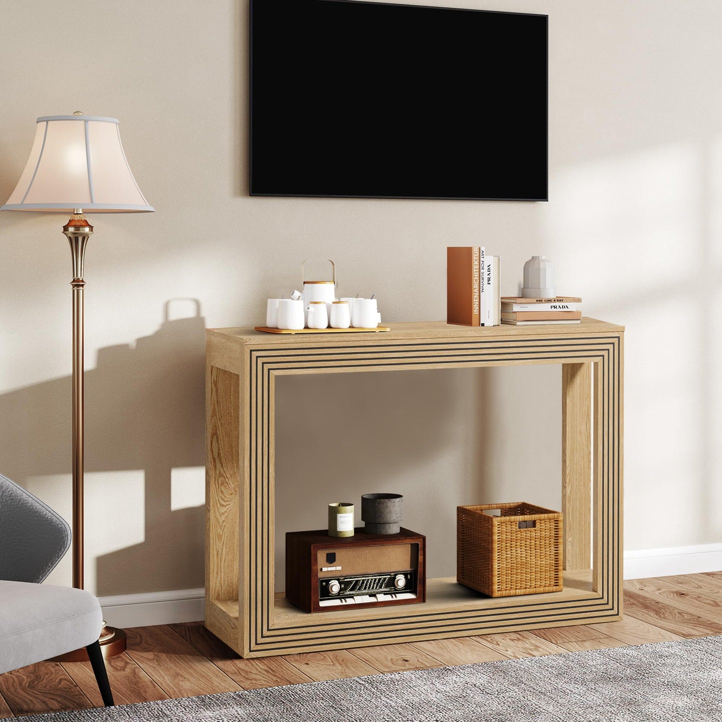 AVZEAR Fluted Entryway Console Table with Storage Shelf, 43" Mid-Century Couch Table Behind Sofa Long and Skinny for Living Room Hallway Entrance Foyer, Nature