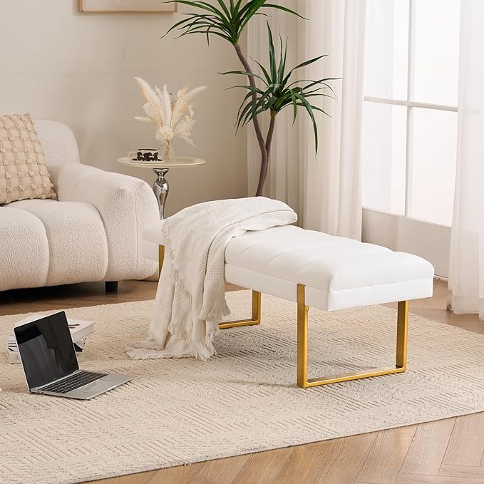 AIITTCC Velvet Ottoman Bedroom Bench, 46.5" Tufted Padded End of Bed Bench with Gold Legs, Upholstered Shoe Bench for Living Room Entryway Window (Ivory White, 46" Wide)