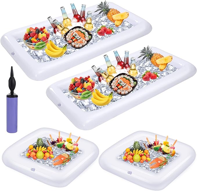 4 Pack Inflatable Ice Serving Bar Pool Party Buffet Drink Cooler Floating Ice Tray Food Drink Containers for Summer Partie...