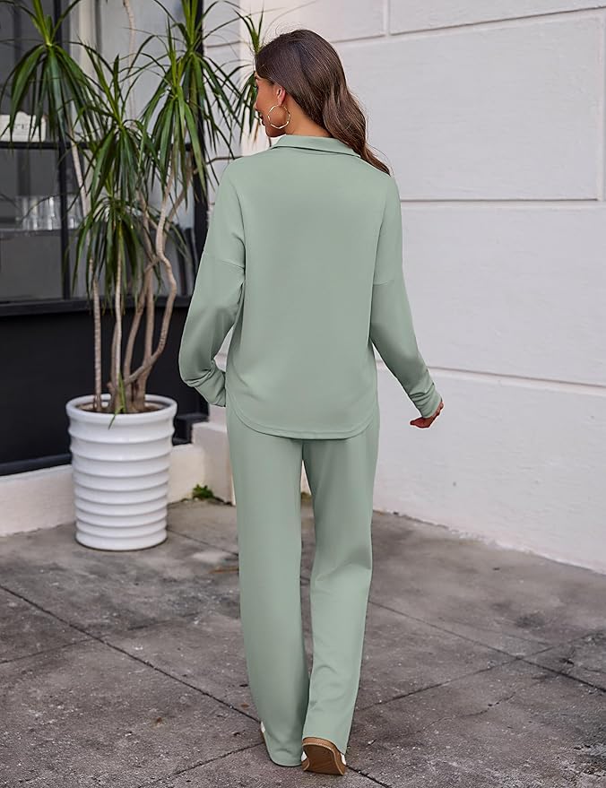 Totatuit Womens Sweatsuits 2 piece Set Lapel Half Zip Lightweight Sweatshirts and Wide Leg Pants Tracksuit Lounge Sets