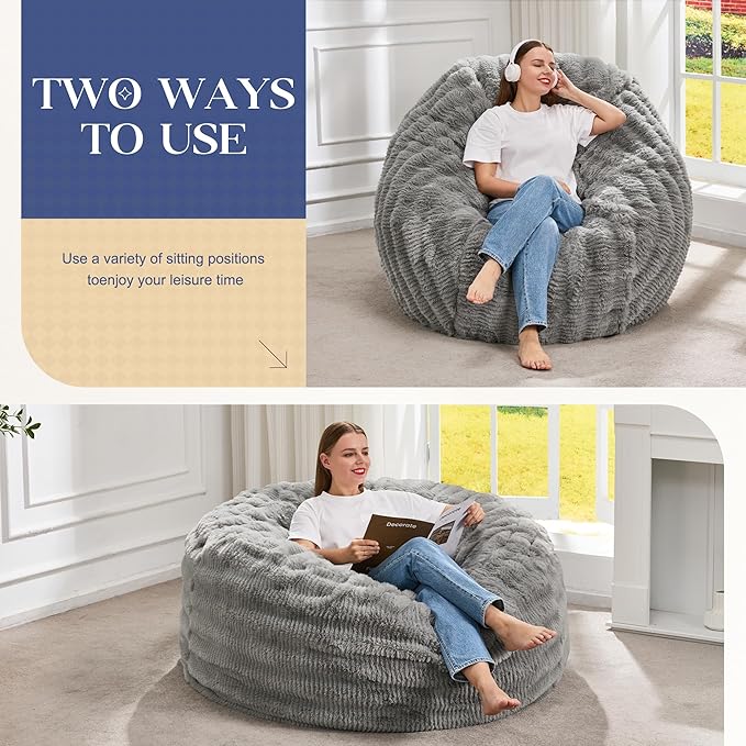 Hobestluk Bean Bag Chairs Beanbag Chair with Filler Adult Bean Bags with Fluffy Ripple Cover, Giant Bean Bag Chairs for Adults (Grey, 4FT - 44" x 44" x 24")