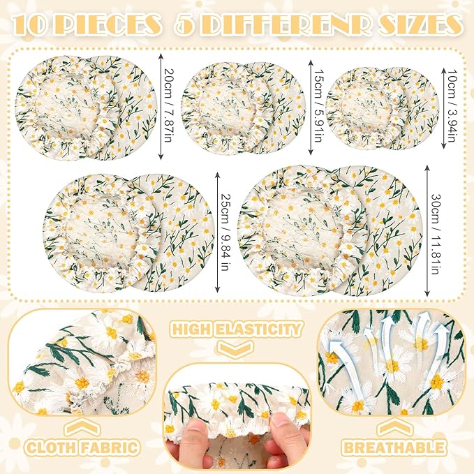 Patelai 10 Pcs Bowl Covers Reusable in 5 Size Stretch Cloth Fabric Elastic Food Storage Bowl Covers Bread Sourdough Lids for Proofing Food Fruits Leftover(Yellow, Green, White,Chrysanthemum)
