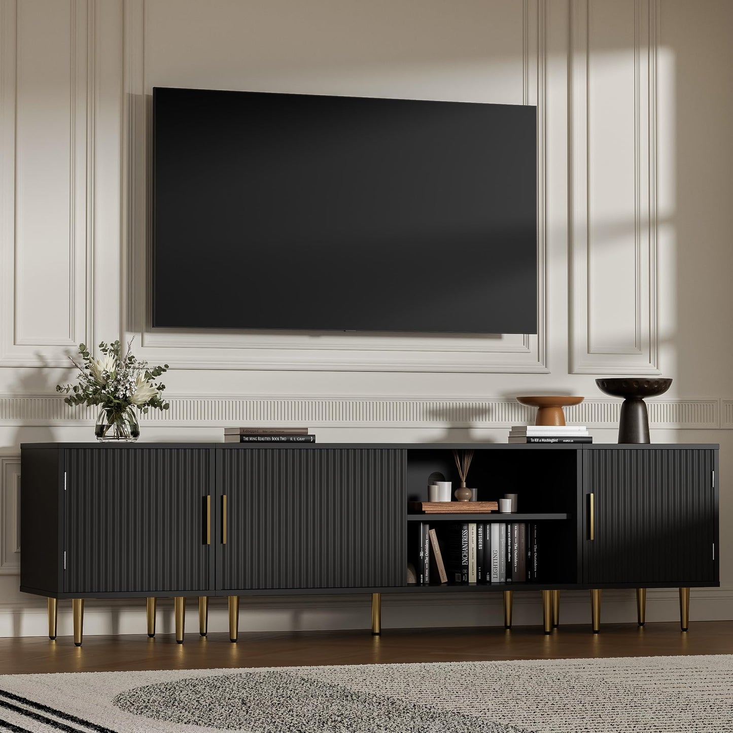 Housoul 71" TV Stand for 50/60/70/80 inch TV, Modern TV Stand for 75+ inch TV, Entertainment Center for Up to 80" TV, TV Media Stand with Storage Cabinet for Living Room, Bedroom, Black