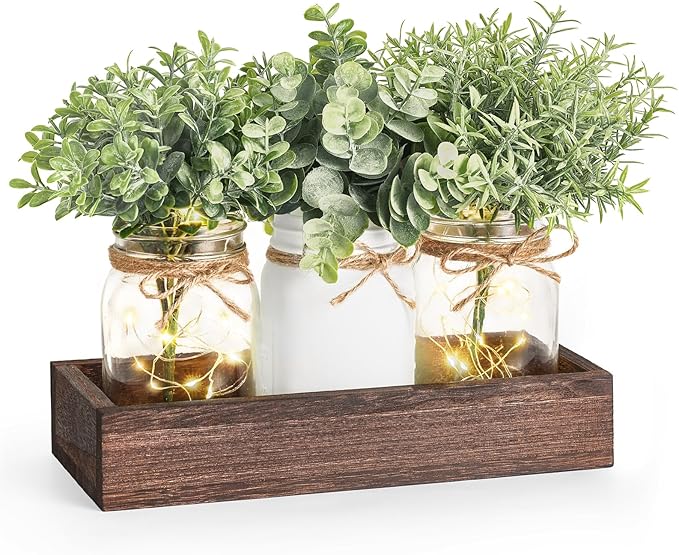 Mkono Mason Jar Lights Table Centerpiece for Dining Room Fake Eucalyptus Plants Christmas Table Decor for Kitchen Coffee T...