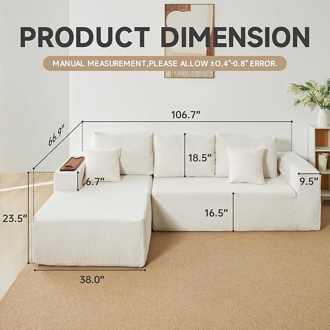 Modular Sectional Sofa Cloud Couch with Multi-Functional Armrests, Boneless Plush L-Shape Living Room Couch with Deep Seat, Fluffy Comfy Sleeper Sofa Easy Assembly (Beige, Right Chaise)