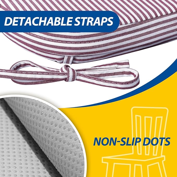 AAAAAcessories D-Shaped Chair Cushions, 2" Thick Dining Chair Pads with Ties and Removable, Machine-Washable Cover, 17" x 16", Set of 4, Pinstripe Red