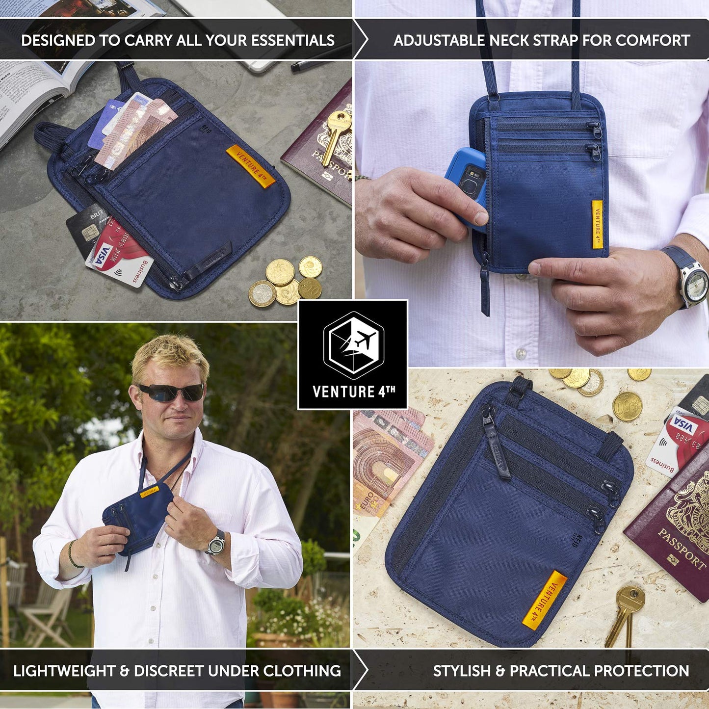 VENTURE 4TH Slim Passport Holder Neck Pouch with RFID Blocking Travel Neck Wallet and a Nylon Lining (Navy Blue))