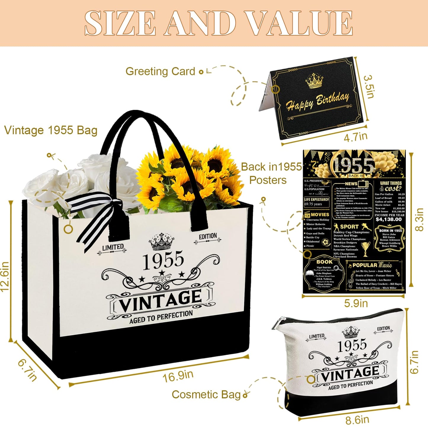 GemsLives 70th Birthday Gift for Women Canvas Tote Bag - Personalized 70 Years Old Gifts for Women/Mom/Aunt/Friends/Wife/Sister,Vintage 1955 Canvas Tote Bag+Cosmetic Bag & Back in 1955 Poster