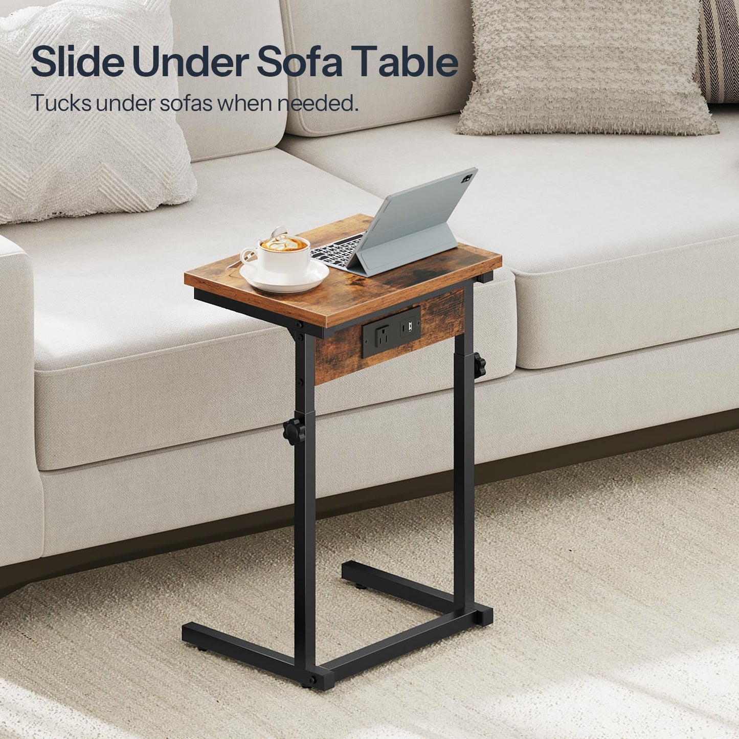 HOOBRO C-Shaped Side Table with Charging Station, Adjustable Height Sofa Arm Table, Slide Under Couch Table for Small Space in Living Room, Bedroom, Rustic Brown BF71USF01