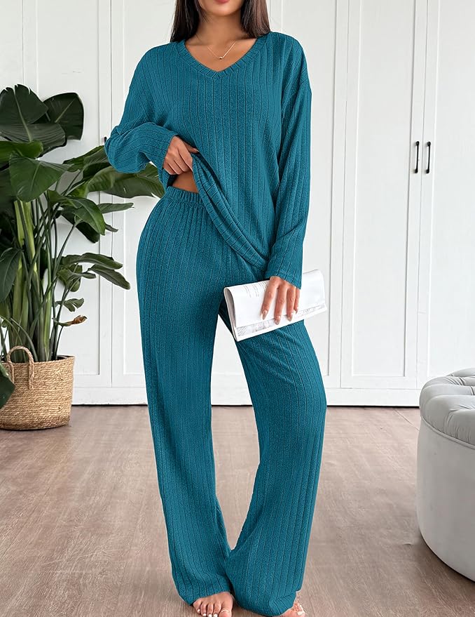 Ekouaer Lounge Sets for Women Long Sleeve Knit Ribbed Pajama Sets 2 Piece Casual Loungewear with Pockets