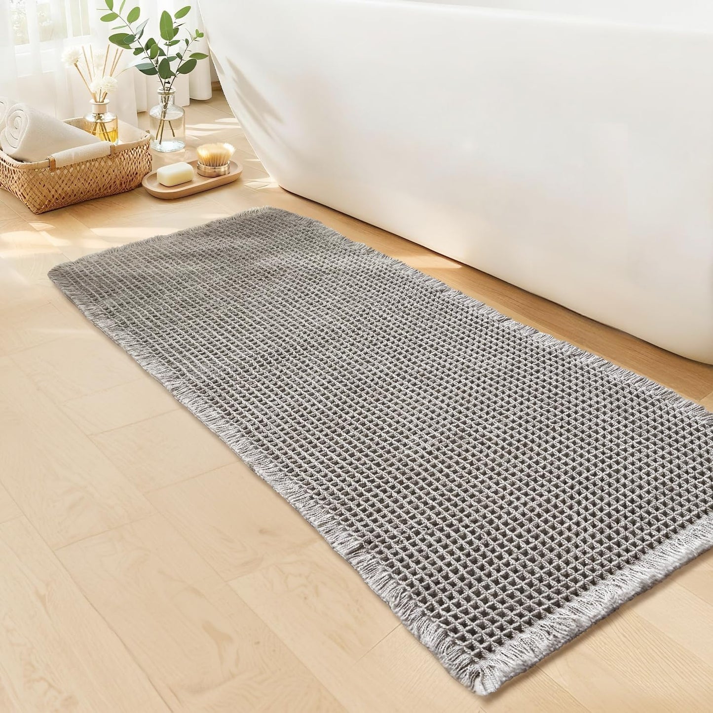 Waffle Runner Bath Mat - Long Boho Bathroom Rugs Non Slip Washable, Super Absorbent & Quick Dry, Soft Bath Mat Farmhouse Bathroom Decor, 24'' x 72'', Light Grey