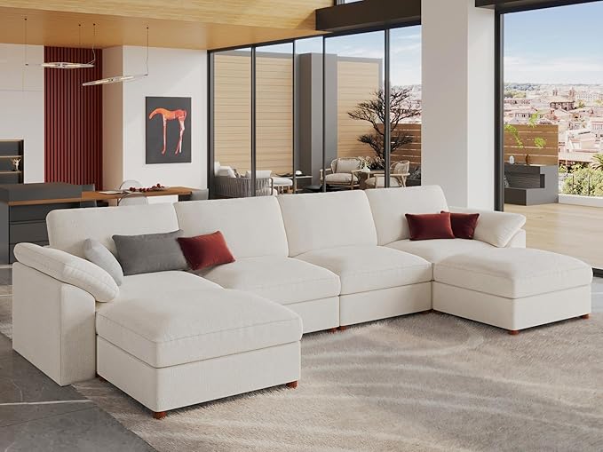 EASE MOOSE Cloud Sectional Modular Sofa, Oversized U Shape Sectional Couch Wide Deep seat Sectional Sofa,FSC Certified Comfortable Chenille White Cloud Modular Sofa