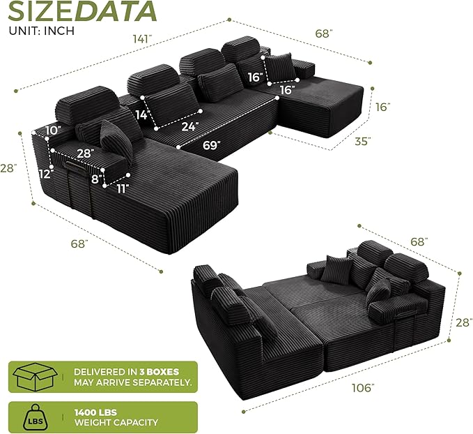 141" U-Shaped Cloud Modular Sectional Sofa with Chaise & Headrest, Boneless Deep Seat Plush Corduroy Couches for Large Living Room, No Assembly Required (Black, 141" U-shapred Chaise)