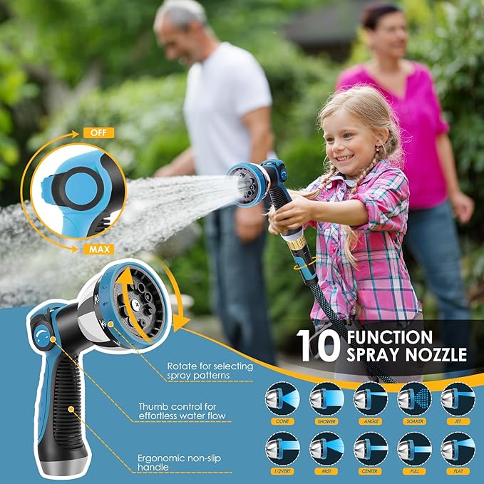 Non-Expandable Garden Hose 100 FT, Lightweight Hose with 10 Function Spray Nozzle, Kink-Free Flexible Water Hose, Durable, Leak-Proof, 360° Swivel Connectors, Portable Storage Strap