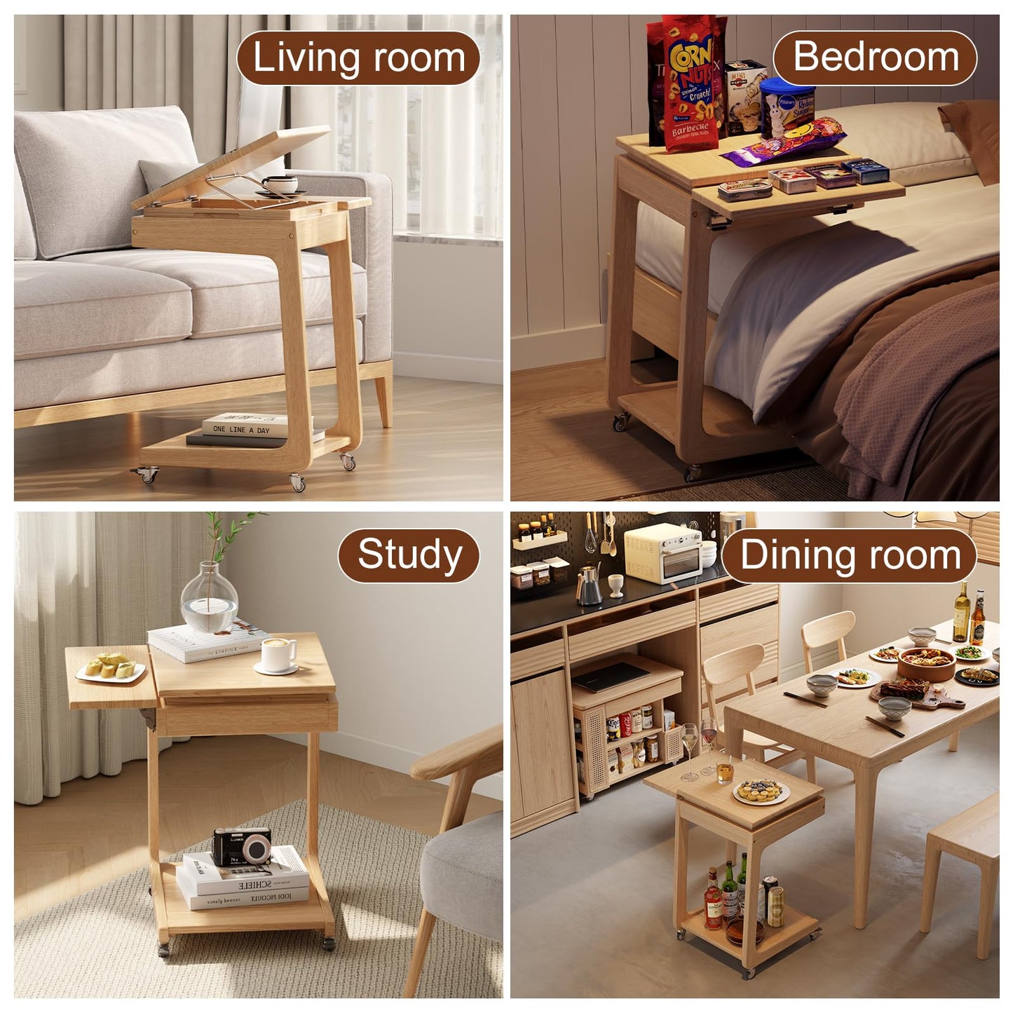 Solid Wood C Shaped End Table for Couch,Rolling C Table with Wheels,Small Side Table with Adjustable Desktop,Couch Desk with Storage,Rolling Tv Tray with Folding Shelf,Modern Bedside Table(Natural)