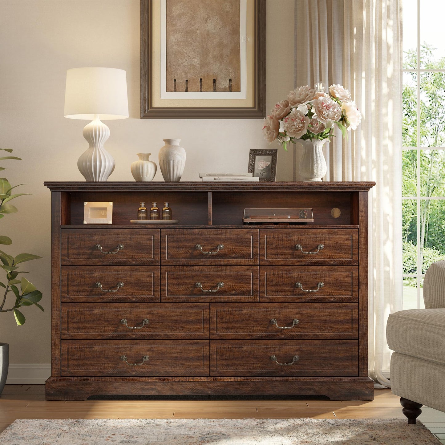 Farmhouse Dresser for Bedroom 55.2''Wide Wood Dresser with LED & Power Outlet Vintage 10 Drawers & Chests of Drawers Long Space Saver TV Stand, Closet, Entryway, Rustic Brown