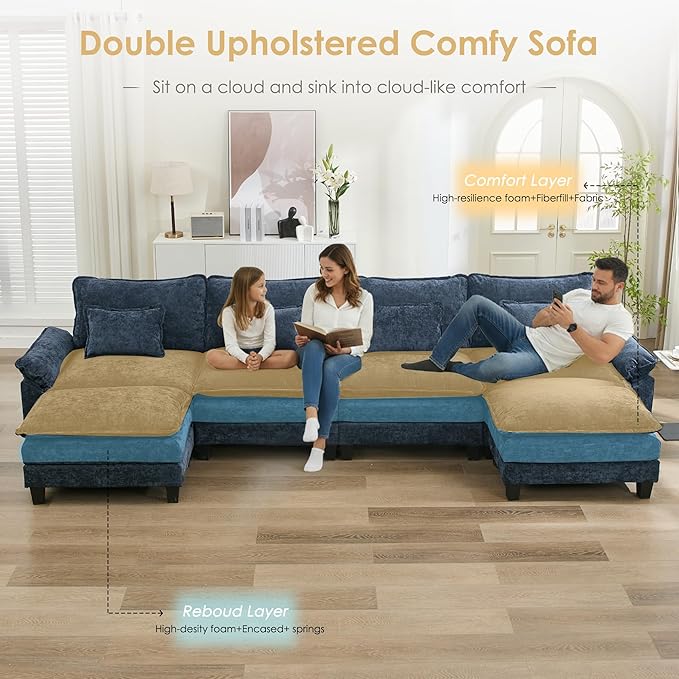 URRED Cloud Couch Modular Sectional Sofa, 157" Modern U Shaped Deep Seat Sofa with 2 Ottomans & Pillows, Ultra Comfy Chenille Couches for Living Room, Bedroom or Apartment, Blue