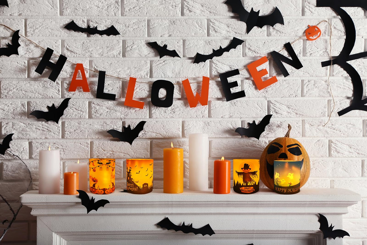 Happy Halloween Table Decor, 8 Sets Halloween Table Centerpiece Decorations, Tea Lights Votive Candles Holders for Tabletop, Candle Sleeve Shade Cover for Home, Room, Indoor, Office Use
