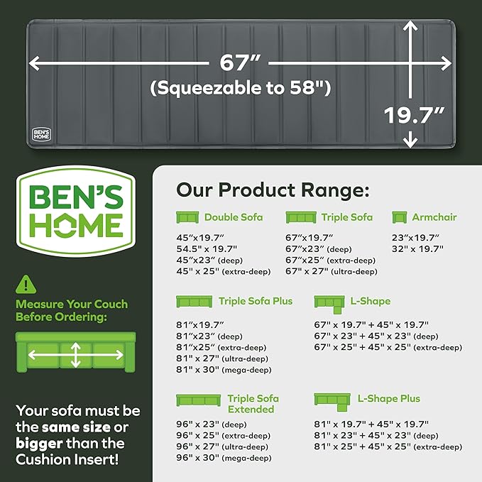 BEN'SHOME® Heavy Duty Couch Cushion Support Board – Instantly Repair Sagging Sofa Seat | 19.7" x 58"-67" | .5" Furniture Grade Wood Under Cushions Insert, Anti-Slip, Extend Sofas & Couches Life