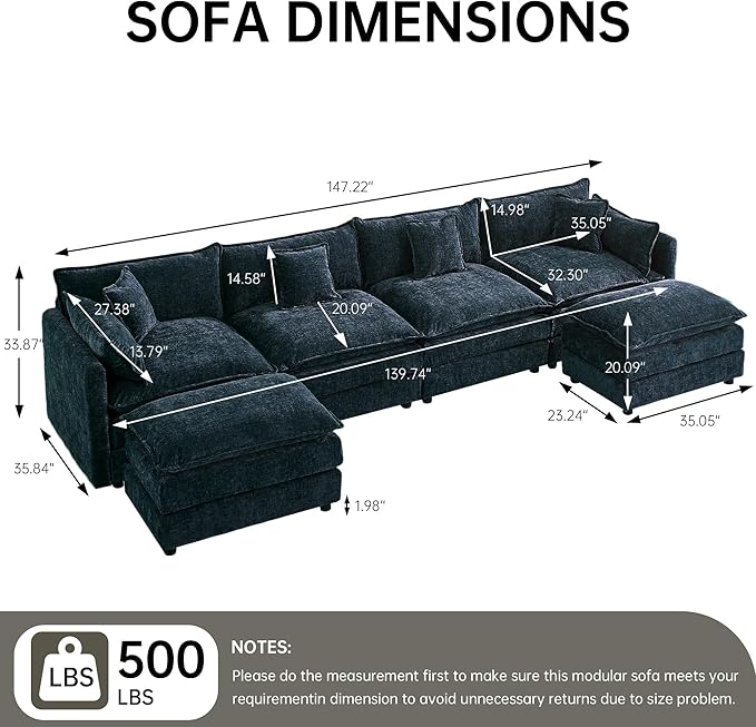 saows Modular Sectional Sofa, 147.2 Inch U Shaped Couch Set with Armrests, 4-Seater Comfy Cloud Couches with Movable Ottoman for Living Room Apartment, Blue
