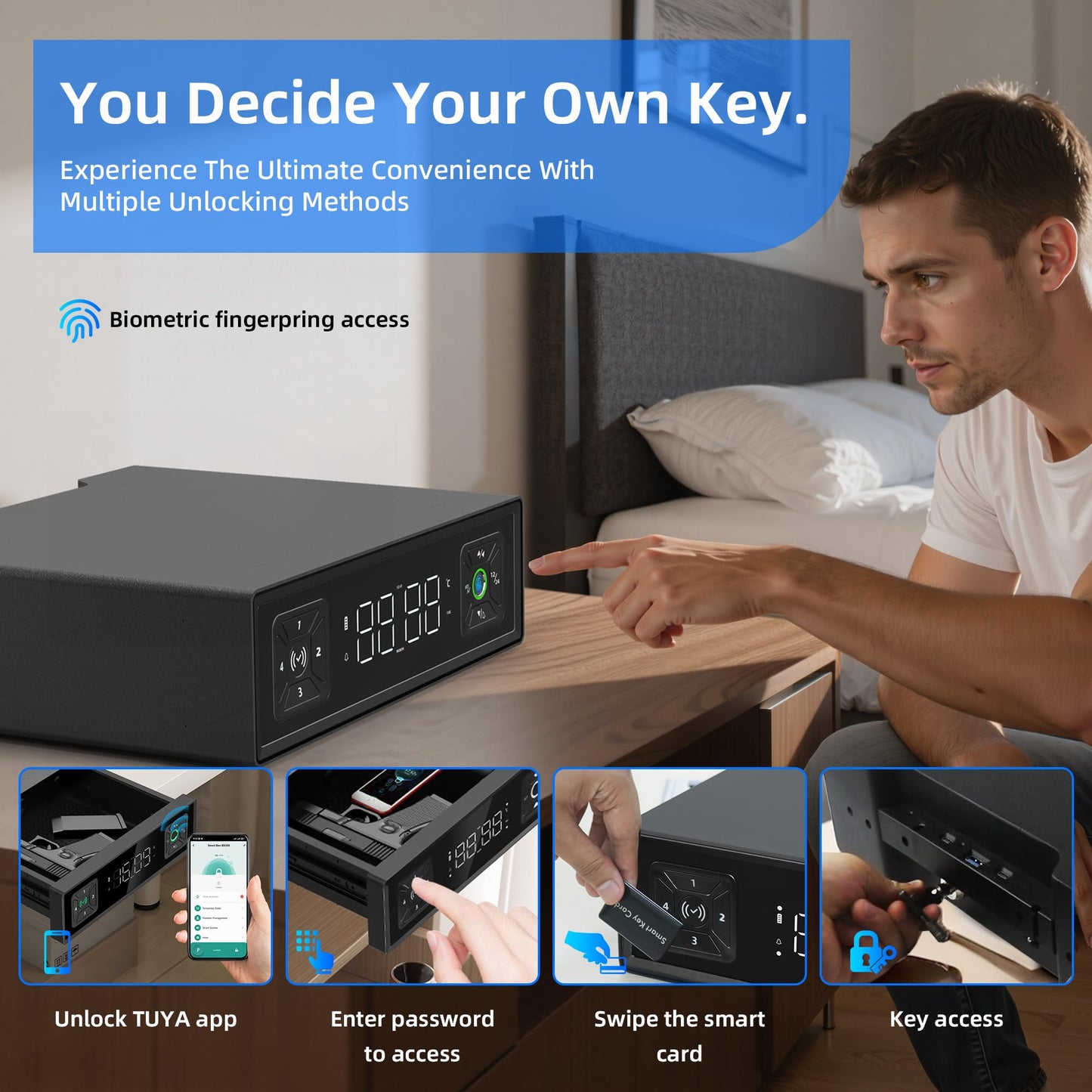 Medunor Smart Safety Box, Biometric Gun Safe for Handguns, Portable Security Safe with Fingerprint Lock, RFID Card, Keys, Anti-Theft Steel Cable, for Home & Travel, USB Charging, 2.4L Capacity