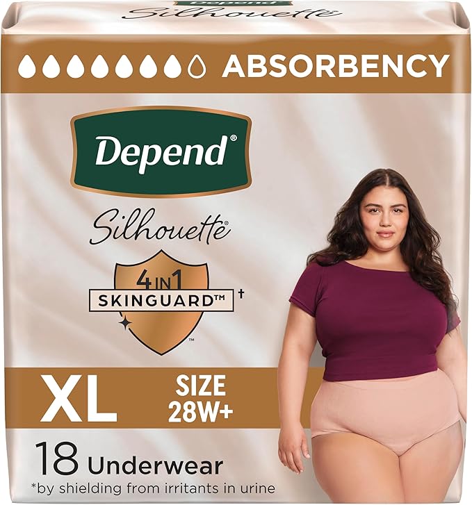 Depend Silhouette Adult Diapers, Incontinence & Postpartum Bladder Leak Underwear for Women, Maximum Absorbency, Extra Large, Pink, 18 Count, Packaging May Vary