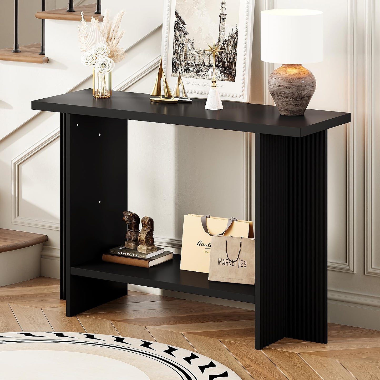 Trironsun Fluted Console Table for Small Spaces 2-Tier Storage Narrow Entryway Table with Solid Wood Cross Base Mid-Century Modern Sofa Table for Hallway Living Room Behind Couch