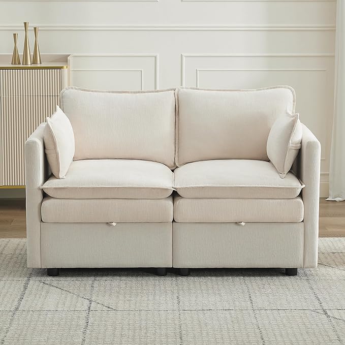 55" Cloud Modern Loveseat Sofa with Storage, Sectional Modula Small Sofa Love Seat Couch，Chenille 2 Seater Comfy Couch with Armrests for Living Room, Small Space, Beige