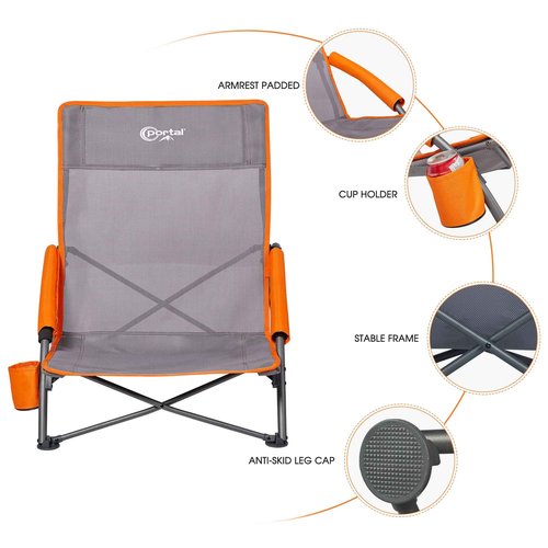 Portal Beach Chairs for Adults 2 Pack High Back Low Folding Camping Chair Portable Lightweight with Cup Holder for Travel, Concert, Lawn, Festival, Support 400lbs
