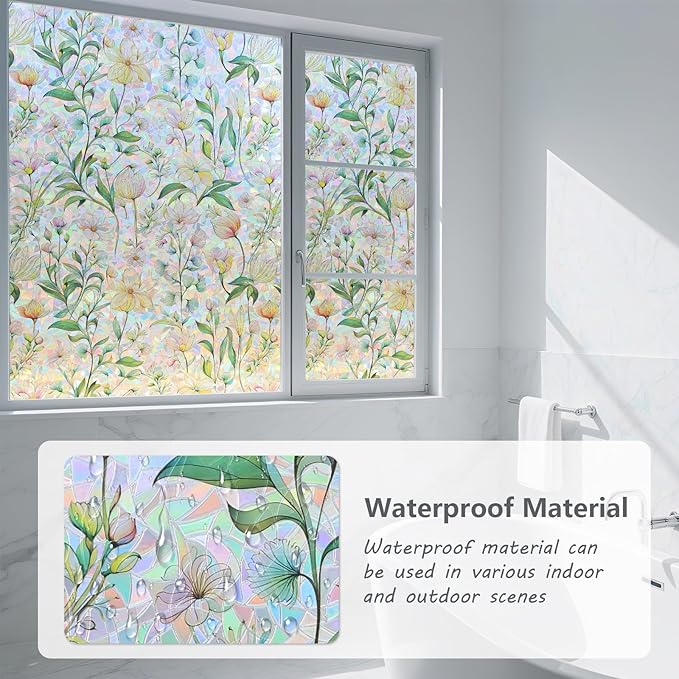 FINNEZ Window Privacy Film Stain Glass Film Flowers Rainbow Window Film Window Clings Non-Adhesive Reusable Decorative for Home（Forest Rainbow，35.4 Inch x 13.1 Feet）