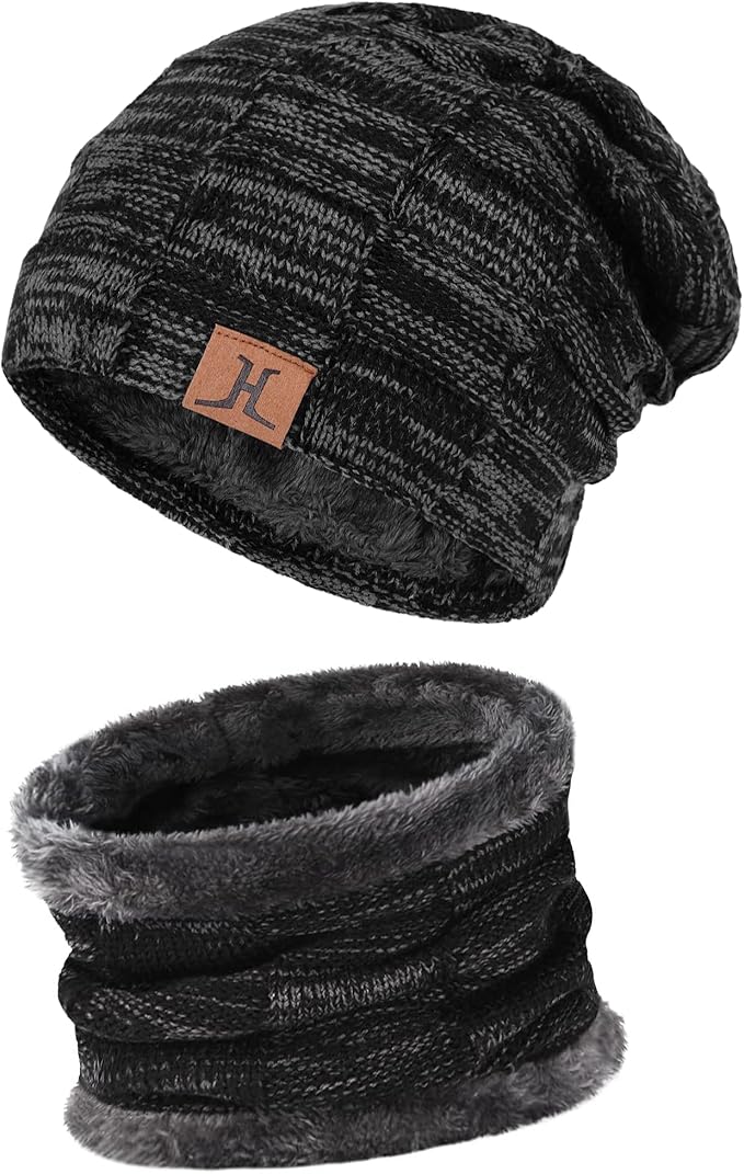Mens Winter Beanie Hats Scarf Set Warm Knit Skull Cap Neck Warmer with Fleece Lined Winter Hat for Women