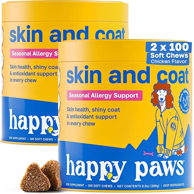 Happy Paws Skin and Coat Supplement for Dogs, Shedding & Dog Hair Growth Support for All Breeds & Ages, Made with Coconut Oil & Vitamin B12, Vegan Chicken Flavor, Organic, Non GMO, 200 Soft Chews