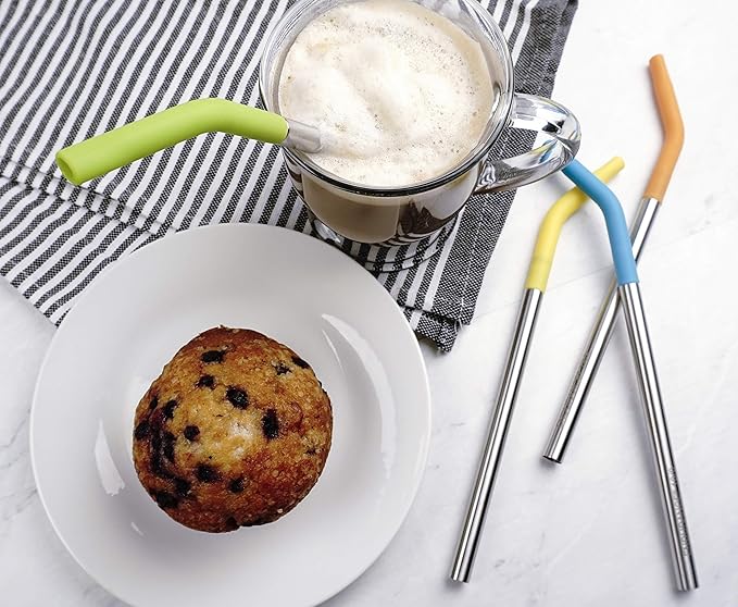 RSVP International Endurance Stainless Steel w/ Silicone Tip Straws, 9 Inch, | Reusable & Multi-Color | BPA-Free Silicone | For Smoothies, Frappes, Sodas, Tea & More | Dishwasher Safe