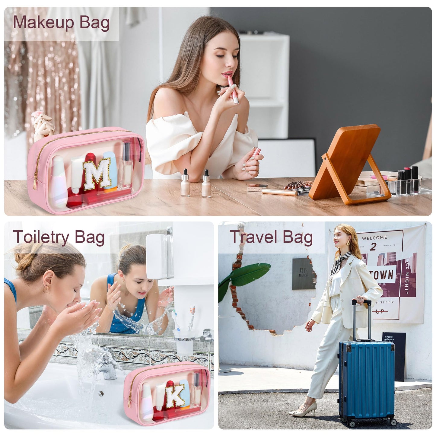 YOOLIFE Travel Toiletry Bag for Women, Pink Clear Makeup Bag Cute Make Up Bag for Women Cosmetic Bags Skin Care Makeup Bag Organizer Birthday Gifts for Women Teacher Mother Girlfriend Initial P