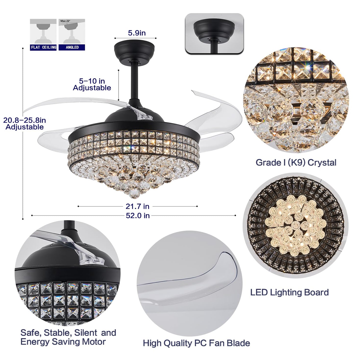 Trsiopfc 52 Inch Dimmable Crystal Fandelier Ceiling Fans With Light,Chandelier Fan With Remote Control For Bedroom/Living Room,P