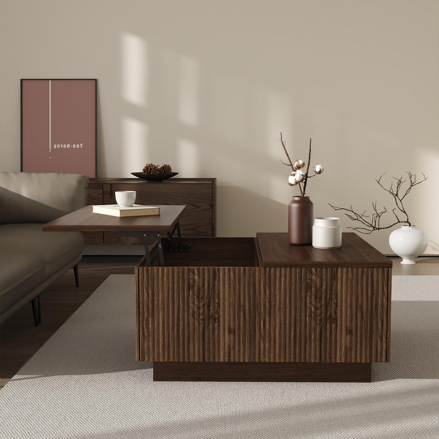 Epecoya 31" Lift Top Coffee Table with Hidden Storage & Farmhouse Fluted Design, Square Wooden Lift-Top Table for Living Room, Apartment, Small Spaces, Brown Walnut