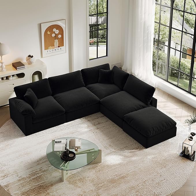 Intuition Decor Cloud Modular Sectional Sofa,143" Down Filled Sofa 4 Seat with Chaise,Minimalist Sofa Cover Washable and Replaceable Couches for Living Room,Sectional Sofa Deep Seat Black