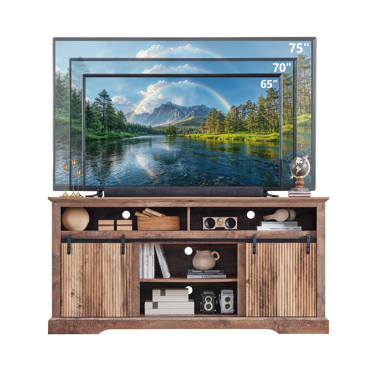 Fluted TV Stand for 75 Inch TVs, 32" Tall Modern Entertainment Center with Waveform Panel Sliding Door, Media Console Cabinet with Storage & Adjustable Shelf for Living Room, 66 inch-Light Brown