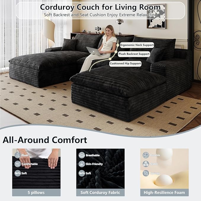 107" Cloud Sectional Couch U-Shaped Chaise with Ottoman, Corduroy Boneless Couch for Living Room Bedroom, Deep-Seat Upholstered Modular Cloud Sofa, No Assembly Required (Black, Left Facing Chaise)
