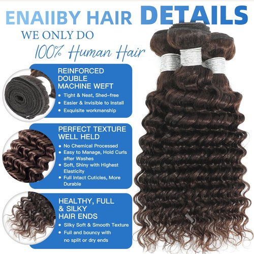 Enaiiby Chocolate Brown Bundles Human Hair 10 12 14 Inch Brazilian Color 4 Deep Wave Bundles Human Hair Unprocessed Breezy Wave Virgin Hair for Black Women with Silky Texture & Quick Weave